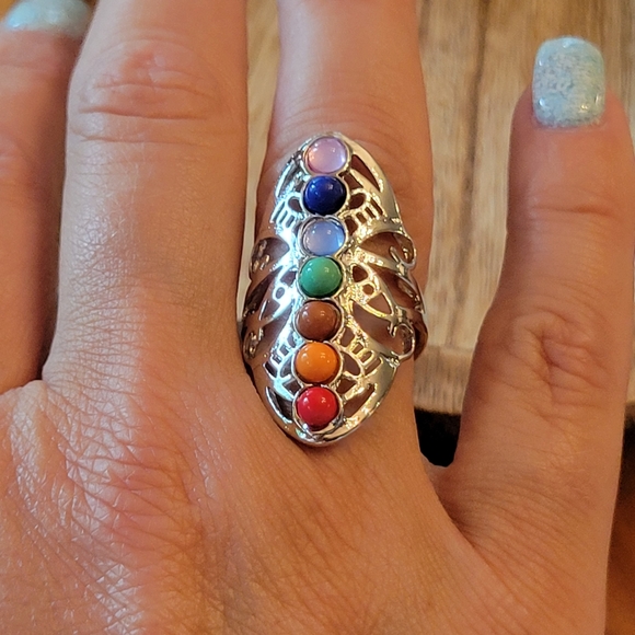 Jewelry - Chakra Silver Tone Cut-Out North-South Ring, adjustable